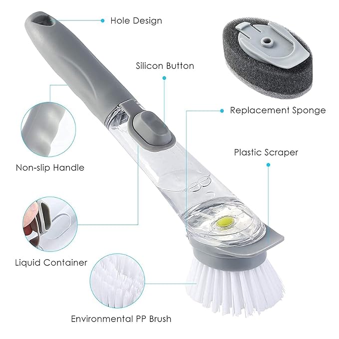 Soap Dispensing Dish Scrubber Brush with Handle